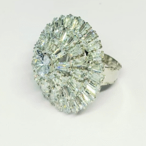 Silver statement ring with sparkling baguette-cut cubic zirconia stones in a circular design