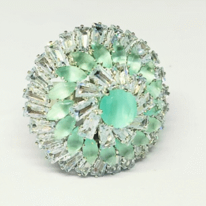 Designer silver cocktail ring with mint green stones and baguette-cut zircons