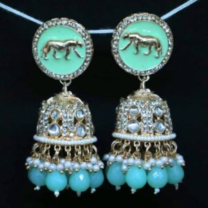 Sarvratna mint green lion enamel jhumka earrings with kundan and pearl details