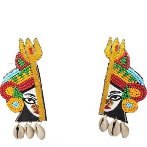 Ethnic handcrafted Trishul earrings with colorful beaded face art and cowrie shell danglers.