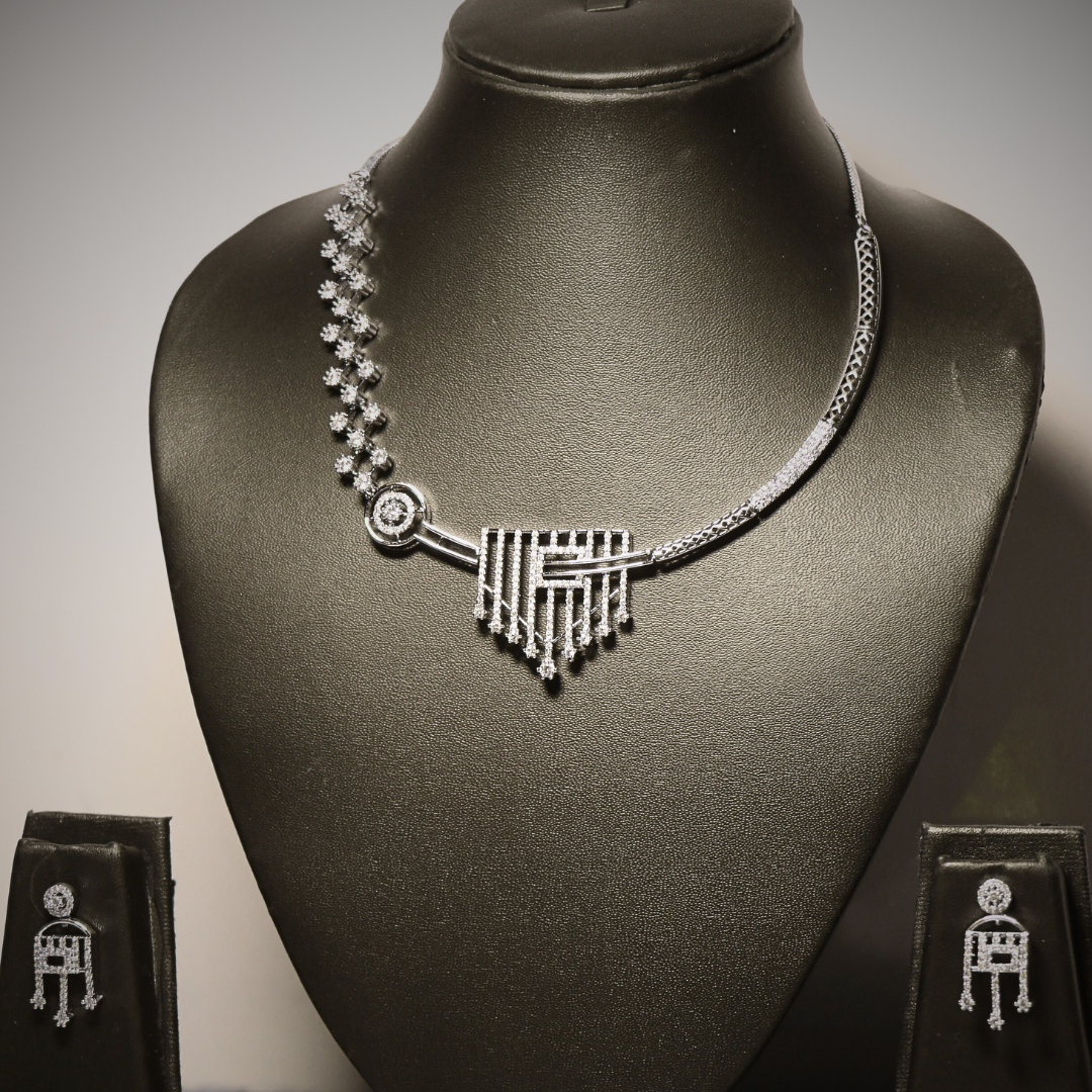Contemporary diamond-cut necklace set with matching earrings in a sleek modern design by Sarvratna Jewellery