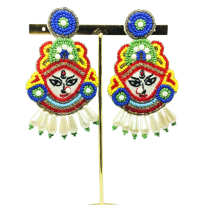 Handcrafted Durga face earrings with colorful beads and pearl danglers