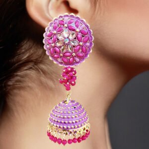 Close-up of a traditional pink and purple floral jhumka earring with beaded danglers worn by a model – Sarvratna Jewellery