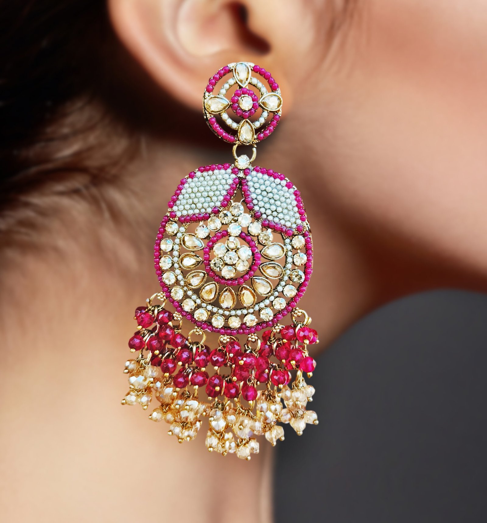 Magenta and gold kundan earrings with pearl and crystal bead tassels in traditional jhumka style – Sarvratna Jewellery