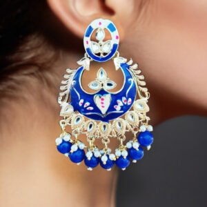 Royal blue enamel kundan earrings with pearl and blue bead danglers in traditional jhumka style – Sarvratna Jewellery