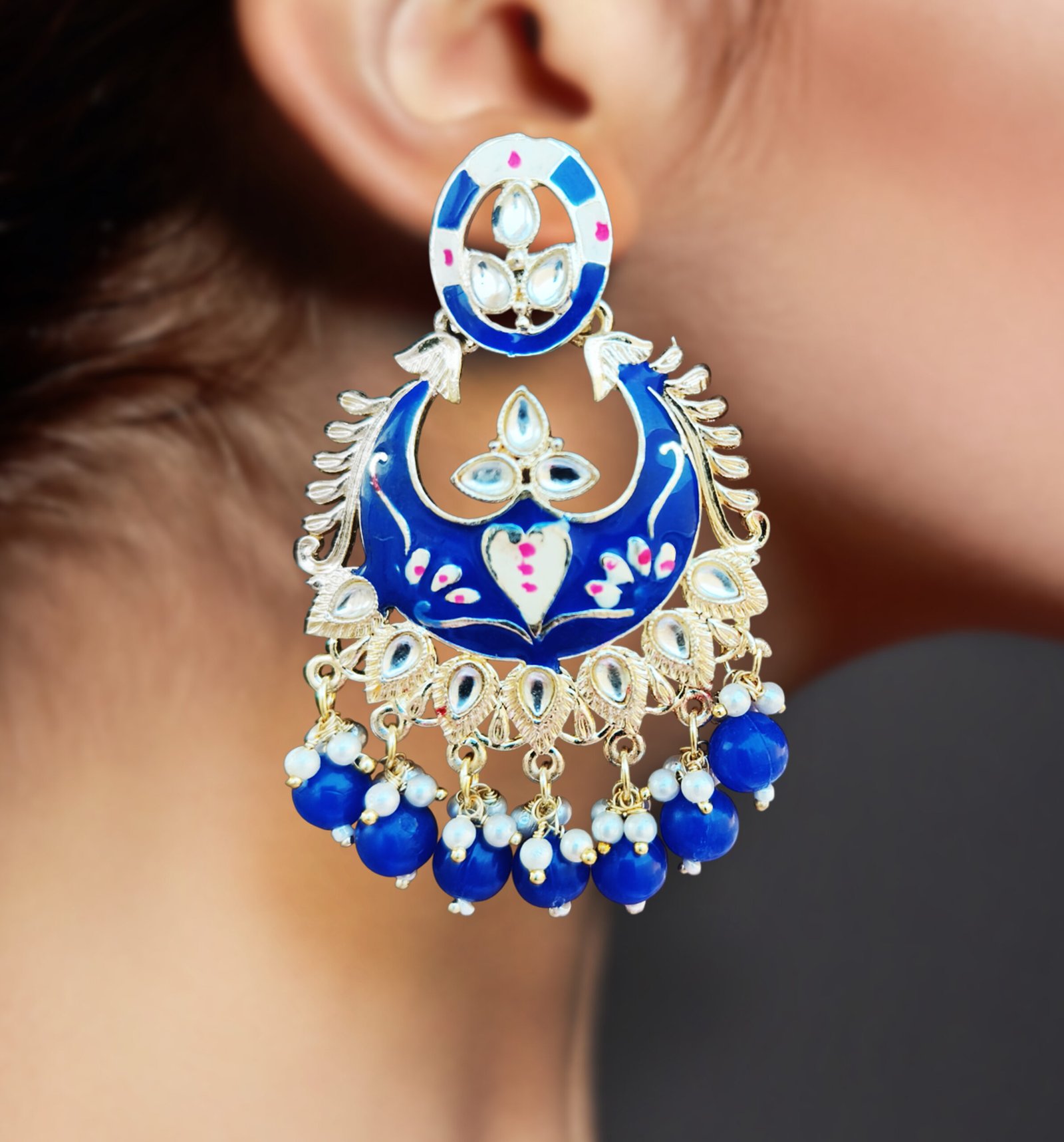 Royal blue enamel kundan earrings with pearl and blue bead danglers in traditional jhumka style – Sarvratna Jewellery