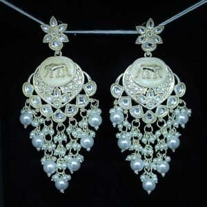 Designer-inspired leopard motif kundan earrings with pearl layers by Sarvratna Jewellery