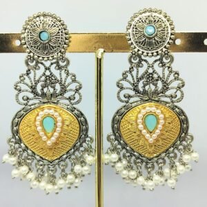 Gold-plated oxidised earrings with turquoise centerpiece, pearl border, and intricate filigree design by Sarvratna Jewellery