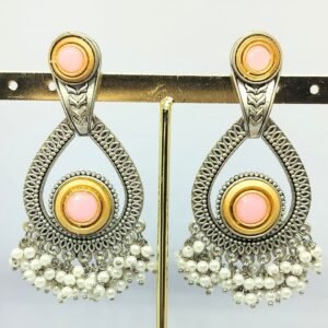 Sarvratna gold-plated dangler earrings with pink stone center and pearl bead detailing