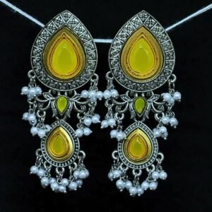 Oxidised Earrings with Yellow Stones and Pearl Drops – Sarvratna Jewellery
