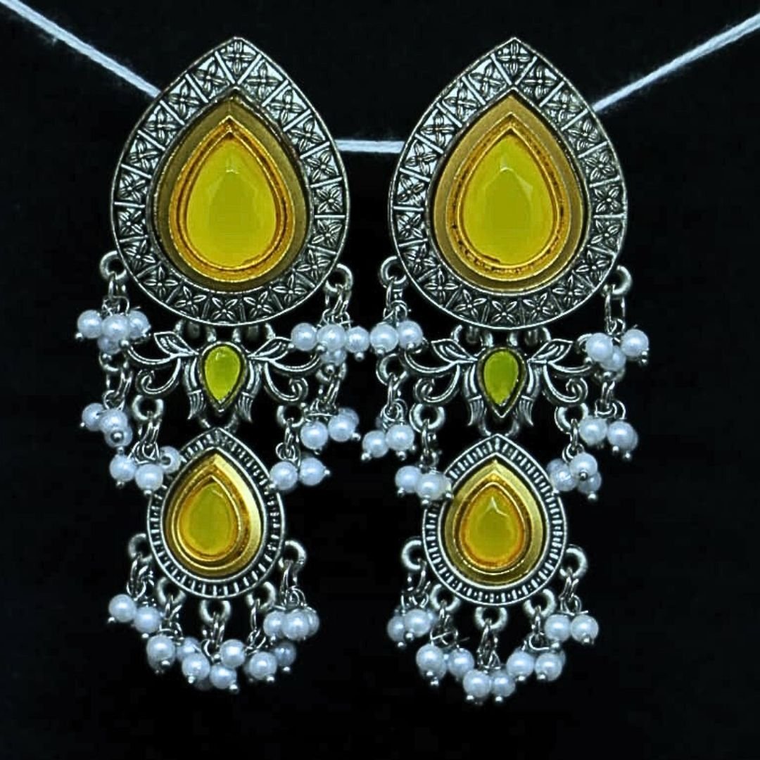 Oxidised Earrings with Yellow Stones and Pearl Drops – Sarvratna Jewellery