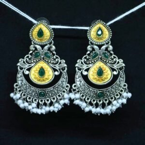 Antique oxidised chandbali earrings with green stones, gold-tone detailing and pearl hangings by Sarvratna Jewellery