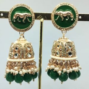 Sarvratna Sabyasachi-inspired green enamel lion motif gold-plated jhumka earrings with kundan and green bead drops