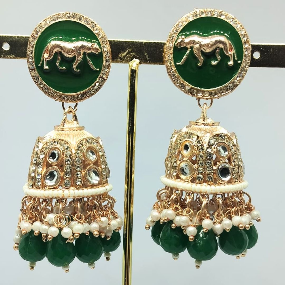 Sarvratna Sabyasachi-inspired green enamel lion motif gold-plated jhumka earrings with kundan and green bead drops