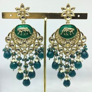 Sarvratna Sabyasachi-inspired green lion enamel gold chandelier earrings with kundan and teal bead drops