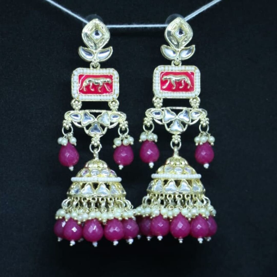 Sarvratna Sabyasachi-inspired gold-plated kundan jhumka earrings with maroon beads and miniature lion motif