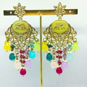 Sarvratna Sabyasachi-inspired yellow lion enamel gold earrings with multicolor bead drops and kundan work