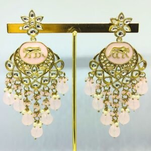Sarvratna pastel pink Sabyasachi-inspired earrings with lion enamel and kundan detailing