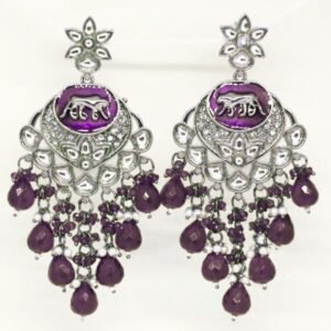 Sarvratna purple lion enamel statement earrings with kundan and crystal bead hangings