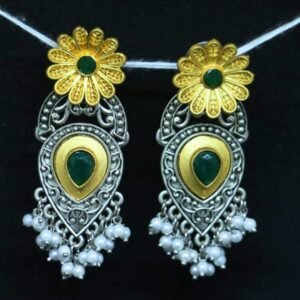 Versatile detachable oxidised earrings with floral stud top, green stone center, and pearl drops by Sarvratna Jewellery