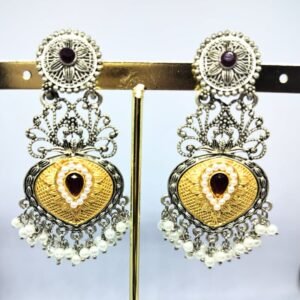 Oxidised vintage earrings with antique gold centerpiece, pearl accents, and intricate filigree design by Sarvratna Jewellery