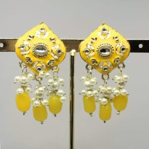 Traditional yellow enamel kundan earrings with pearl and bead drops by Sarvratna Jewellery
