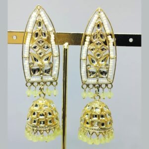 Traditional long white kundan earrings with yellow jhumka drops by Sarvratna Jewellery