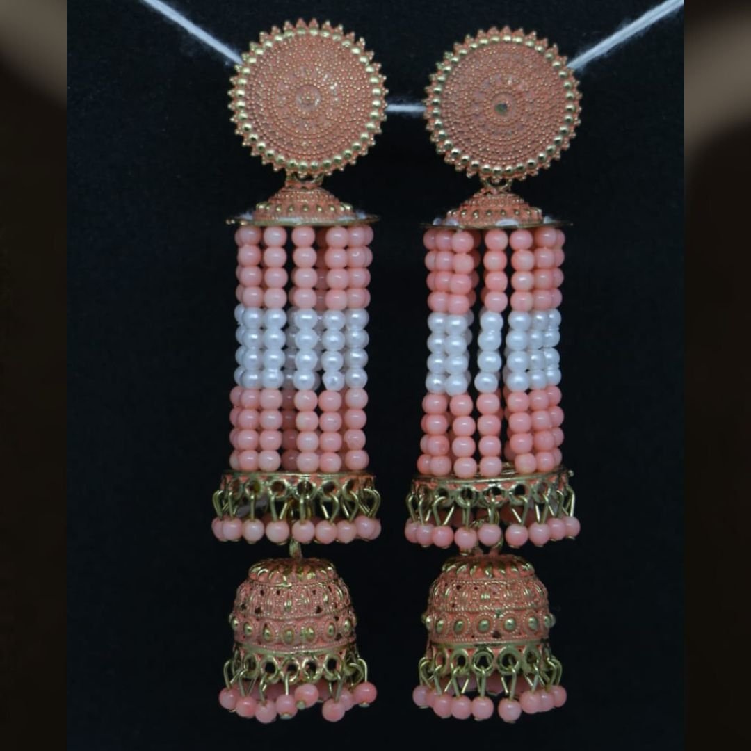 Long Beaded Earrings with Jhumka Drops - Image 3