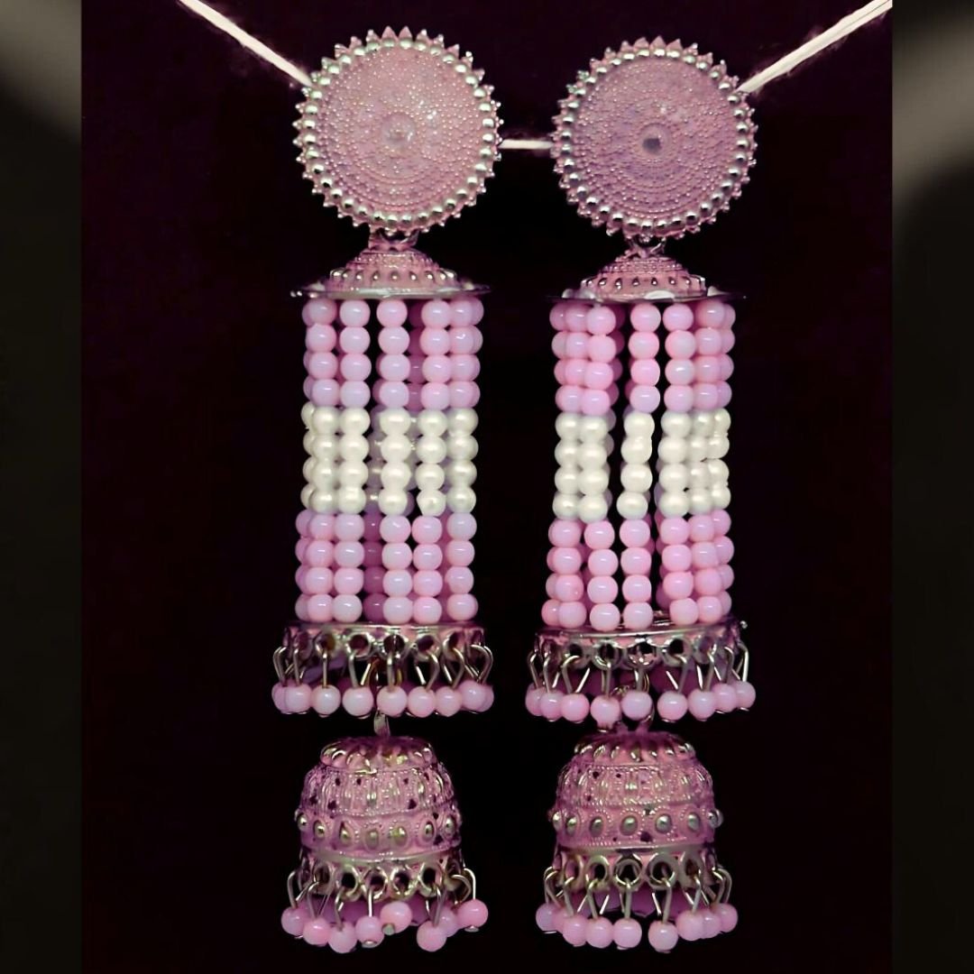 Long Beaded Earrings with Jhumka Drops - Image 2