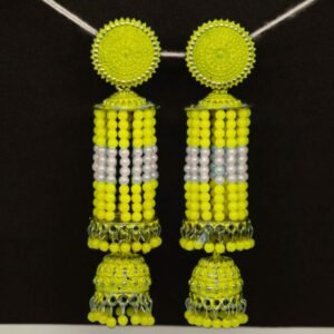 Long yellow and white beaded earrings with jhumka drops from Sarvratna Jewellery, available in multiple colors